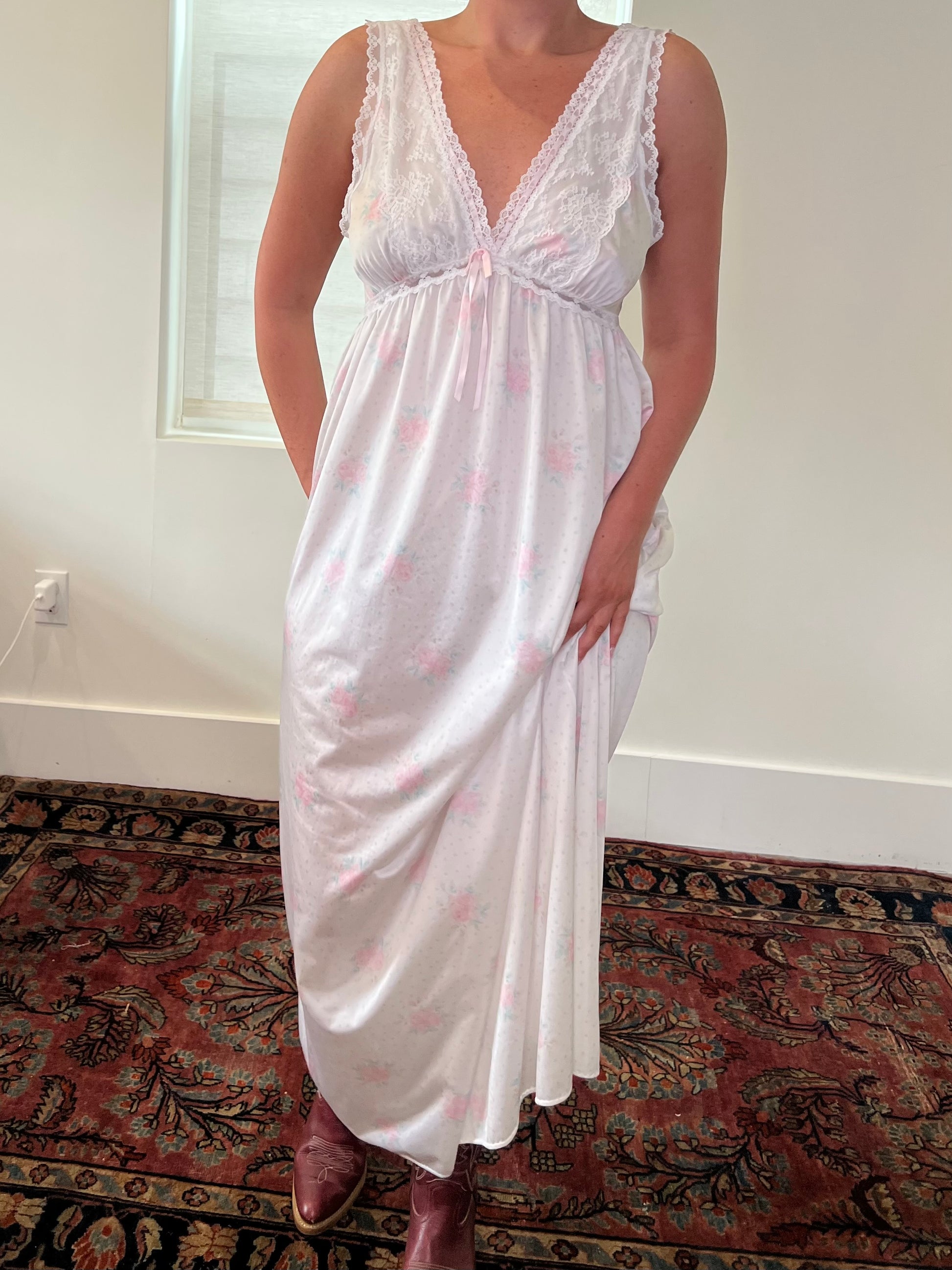 80s White Floral Bridal Slip
