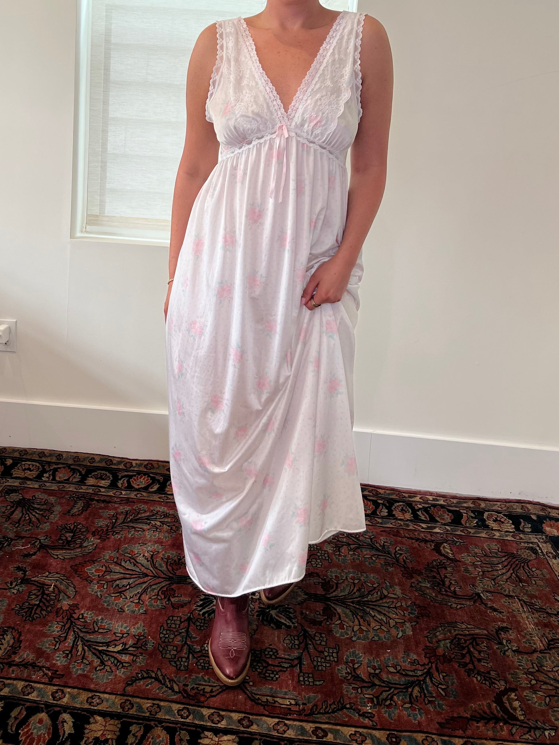 80s White Floral Bridal Slip